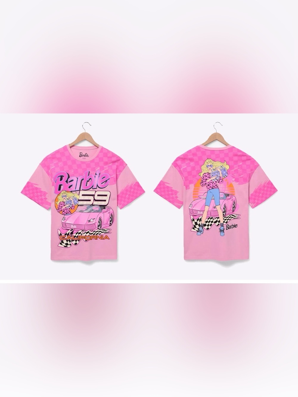 Men(M) BARBIE CALIFORNIA T-SHIRT pink 80s race car checkered BIG LOGO FRONT BACK